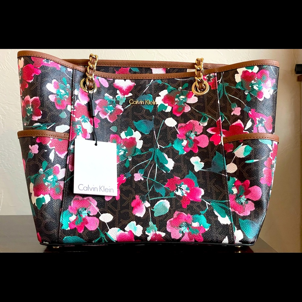 Calvin Klein Floral Tote with Gold-Tone Hardware NWT